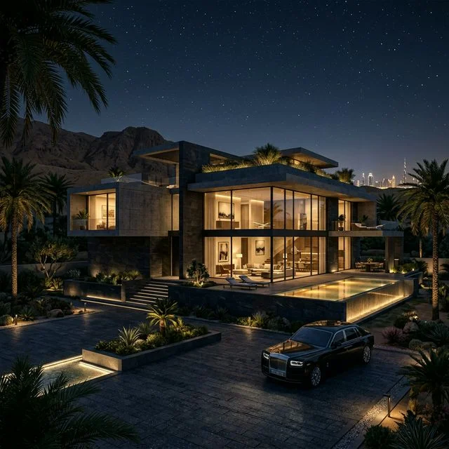 GOGER monolithic engineered system — completed villa at night